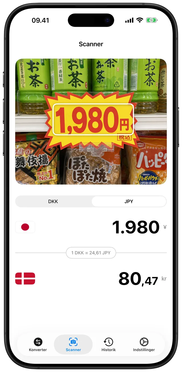 Kameravisning der scanner et japansk prismærke på ¥1.980 og viser det omregnede beløb