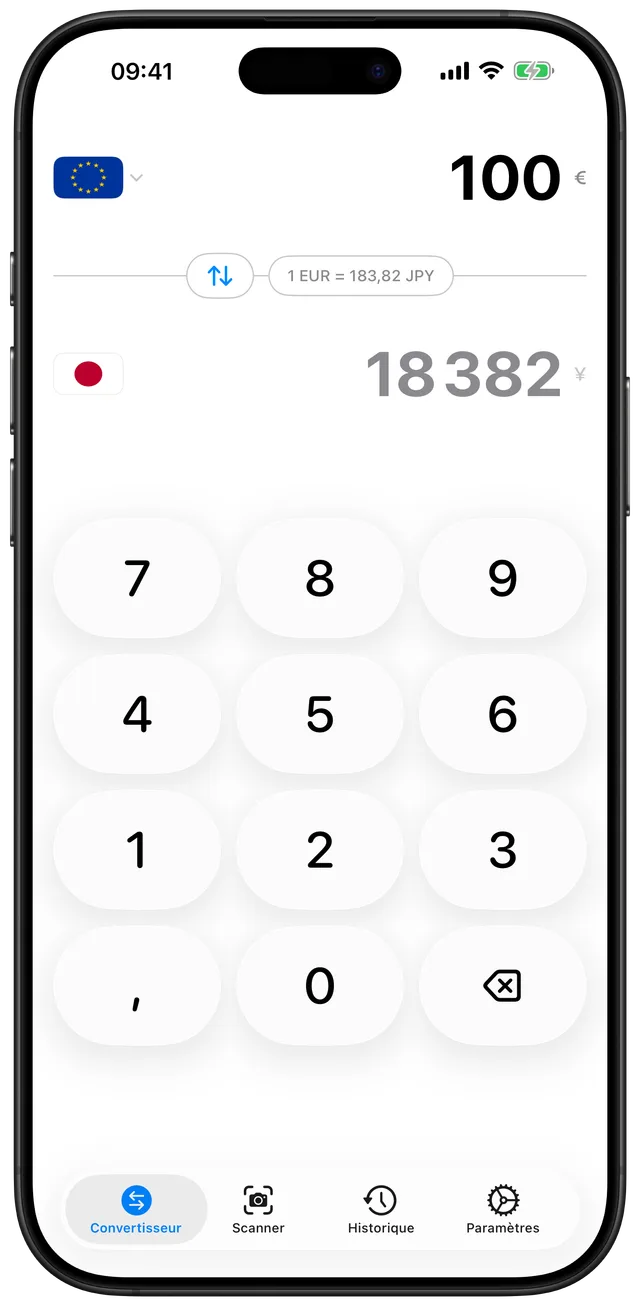 Écran principal de JPY Converter convertissant un montant en euros en yen japonais avec un clavier numérique