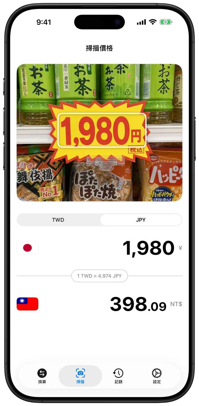 相機畫面掃描日本店家標示¥1,980的價籤,並顯示換算後的金額